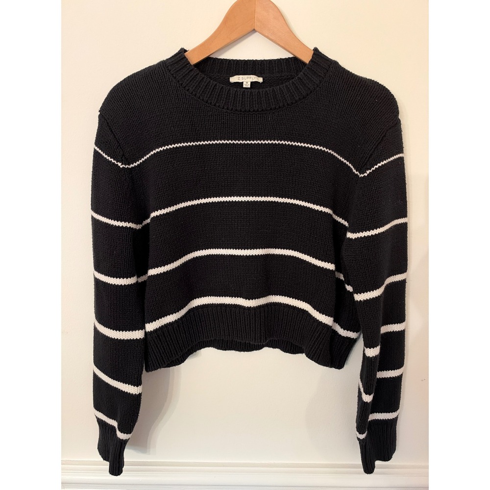 Z Supply Crop Sweater Medium Black White Stripe Crew Neck Minimalist Preppy